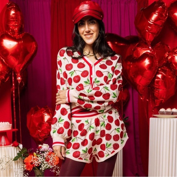 QUEEN OF SPARKLES Sequin CHERRY Cherries Cardigan NWT XS - Picture 1 of 8
